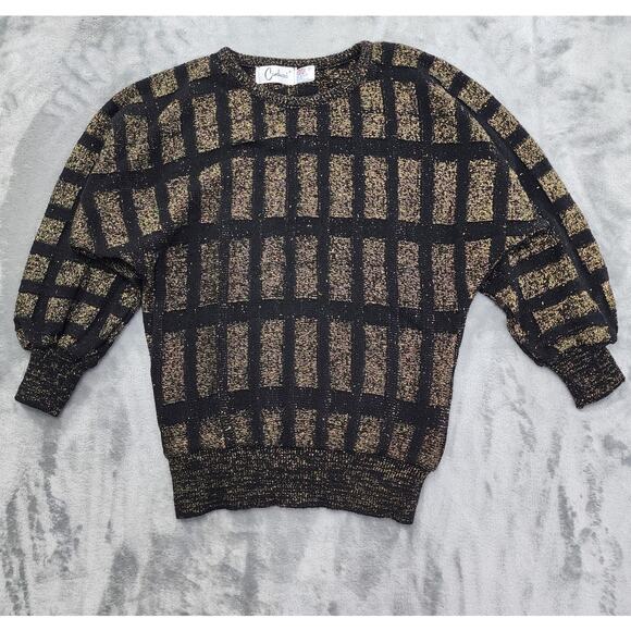 Vintage 80s Carducci Crew Neck Sweater Size S Black Gold Metallic Geometric - Picture 1 of 9
